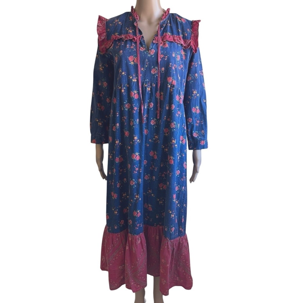 Ro's Garden Blue Floral Cotton Midi Dress Ruffle Tassel Boho Women's Small